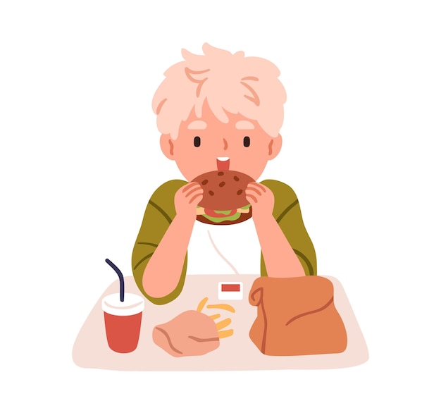 Vektor kind isst junk-fastfood glücklicher junge beißt burger und hält hamburger-frites auf dem tablett kind während ungesunder fastfood-mahlzeit mit snacks schlechtes mittagessen flache vektor-illustration isoliert auf weißem hintergrund