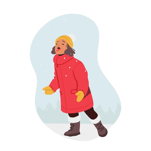 Vektor kind mädchen genießen den ersten schneefang fallende schneeflocken auf der zunge zur winterzeit auf der straße cartoon vector illustration