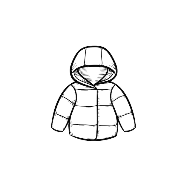 Kind Mantel Hand gezeichnete Umriss-Doodle-Symbol. Warmer Kindermantel oder -jacke für Kinder und neugeborene Babyvektorskizzenillustration für Druck, Netz, Handy und Infografiken lokalisiert auf weißem Hintergrund.