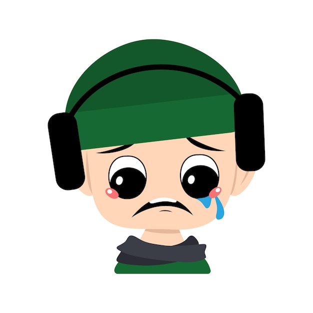 Kind mit Weinen und Tränen Emotion trauriges Gesicht depressive Augen in grünem Hut mit Kopfhörern süßes Kind w...
