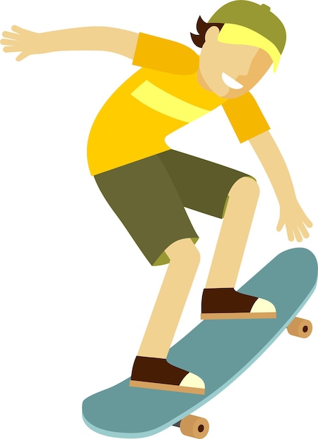 Kind teenager junge reitet skateboard im flachen stil