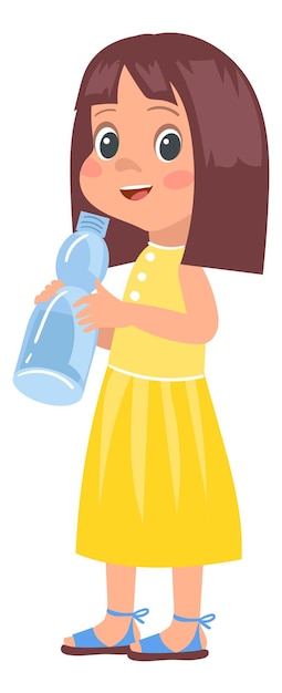 Kind trinkt wasser cartoon-mädchen mit plastikflasche isoliert auf weißem hintergrund
