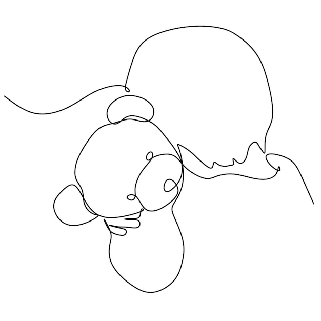 Kind umarmt Teddybär. Handgezeichnete durchgehende Linienvektorillustration. Umrisszeichnung Kind