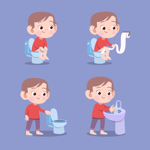 Kind unter verwendung der pooping vektorillustration der toilette lokalisiert