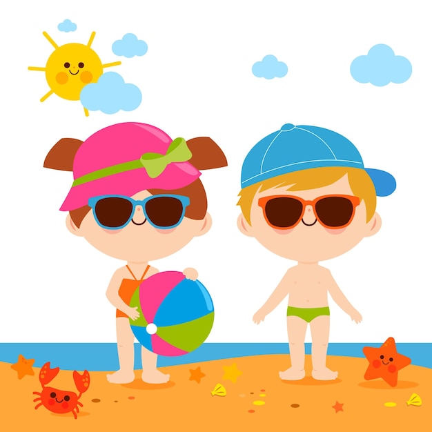 Kinder am Strand mit Sonnenschutzhüten und Sonnenbrillen Kinder auf einer Sommerferieninsel