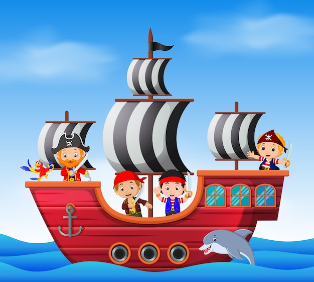 Kinder auf piratenschiff und ozean-szene