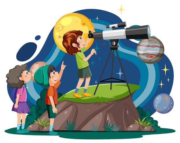 Vektor kinder beobachten den himmel mit einem teleskop