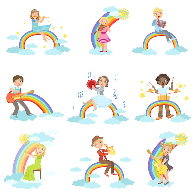 Kinder, die Musikinstrumente mit Regenbogen- und Wolkendekoration spielen