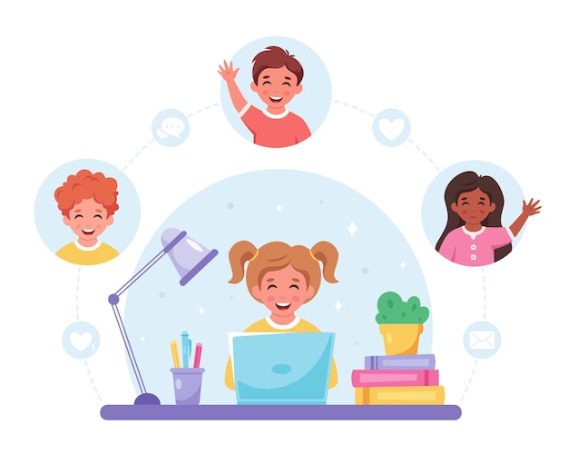 Kinder, die online kommunizieren Videoanruf mit Freunden, die online chatten Online-Lernen