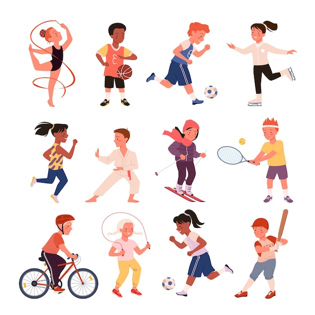 Kinder, die Sportübungen machen, setzen niedlichen Jungen, Mädchen, laufen, spielen Fußball, Fußball, Baseball