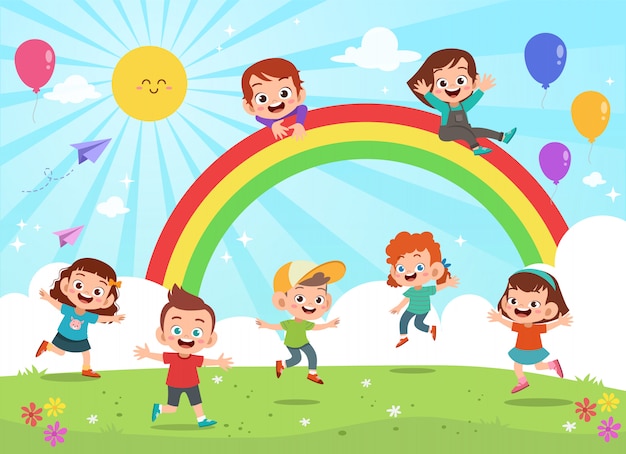 Kinder, die unter bunte Karikatur des Regenbogens springen