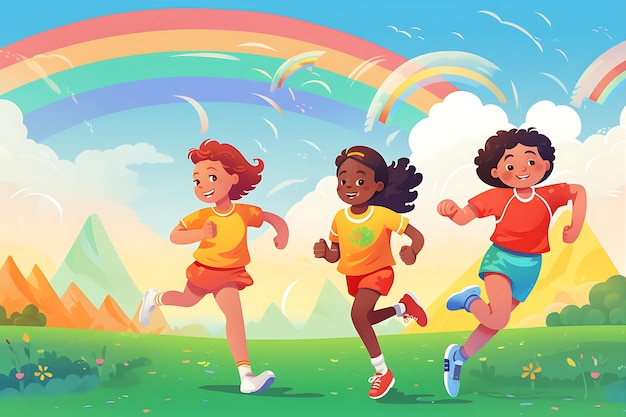 Kinder, die unter dem Regenbogen Sport treiben