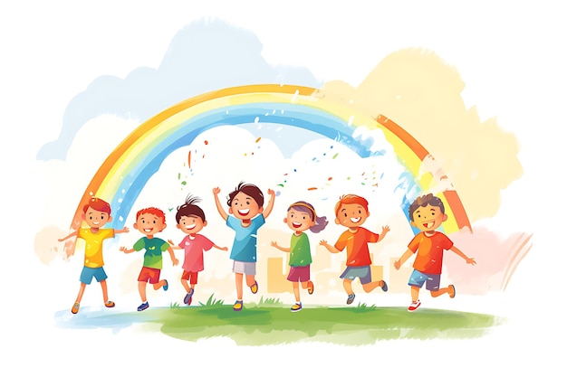 Vektor kinder, die unter dem regenbogen sport treiben