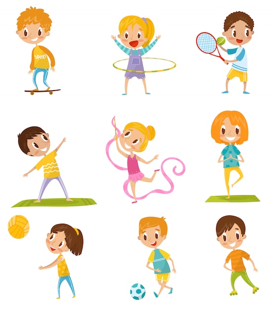 Kinder, die verschiedene arten von sportarten, skateboarding, tennis, gymnastik, yoga, basketball, fußball illustrationen auf einem weißen hintergrund tun