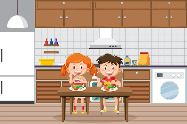 Kinder essen in der küche