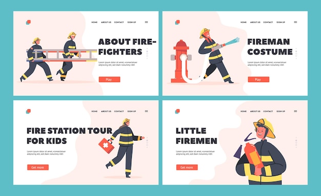 Kinder-Feuerwehr-Landing-Page-Vorlagensatz Kinderfiguren in Uniform mit Leiter-Erste-Hilfe-Kasten-Feuerlöscher