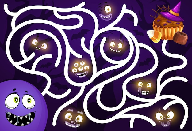 Kinder finden spiel mit halloween-monstern lächelnden gesichtern und süßigkeiten. kinder suchen pfad, der aktivität spielt, labyrinth mit cartoon-vektor, der in der dunkelheit leuchtet, gruselige kreaturenaugen, muffin und süßigkeiten