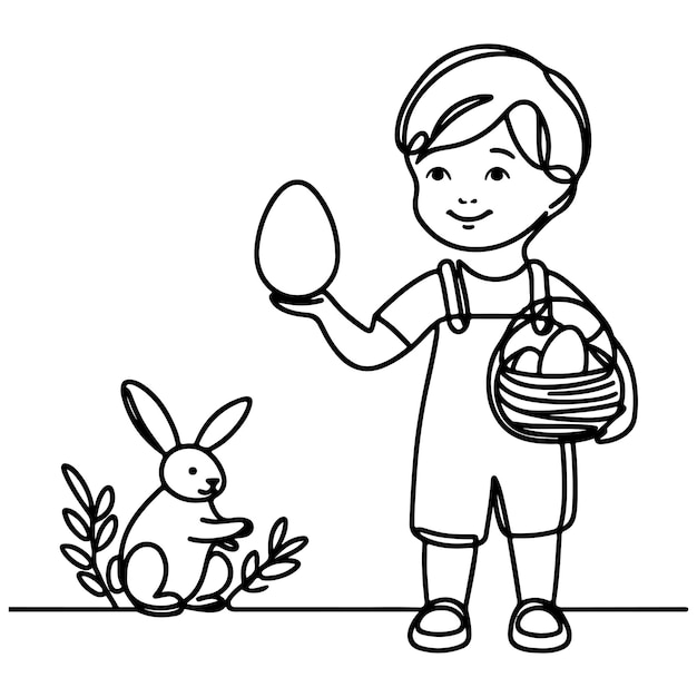 Kinder finden und sammeln Eier jagen Hand gezeichnetes Kaninchen kontinuierliche schwarze Zeichnungskunst Kind trägt Korb Ostereier Doodle Färbung Vektor Illustration Elemente