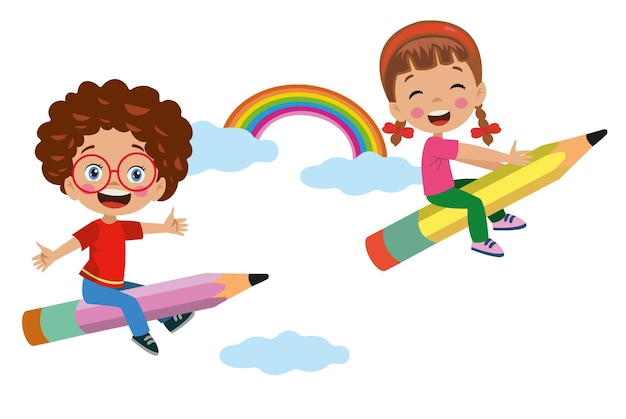 Kinder fliegen mit regenbogenstiften