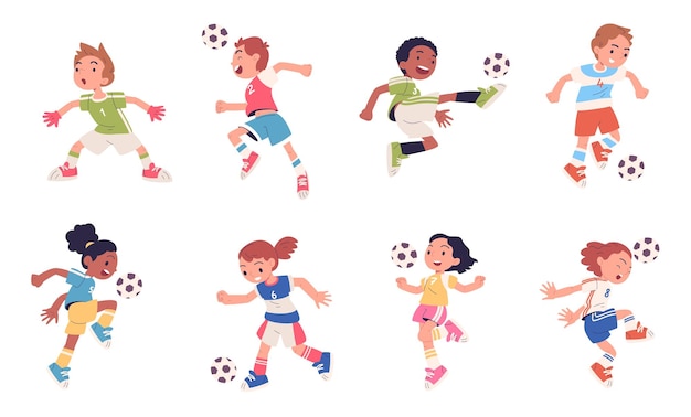Kinder-Fußballspieler Kinder-Footballspieler Füße treten Ball Übung Schüler Schulsportmannschaft Lernen Junge und Mädchen Jugendliche Athleten Zeichentrickfiguren klassische Vektorillustration