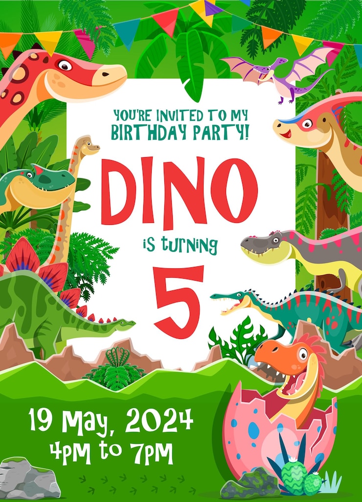 Vektor kinder-geburtstagsfeier flyer cartoon lustige dinosaurier