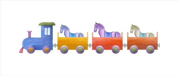 Vektor kinder-holzzug mit pferden vielfarbige wagen mit tieren aquarell-illustration