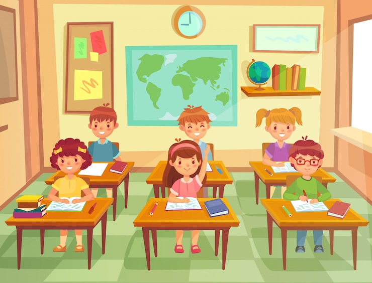 Vektor kinder im klassenzimmer. grundschulkinder an schreibtischen im unterricht