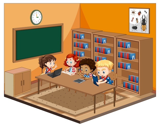 Kinder im Klassenzimmer mit Möbeln