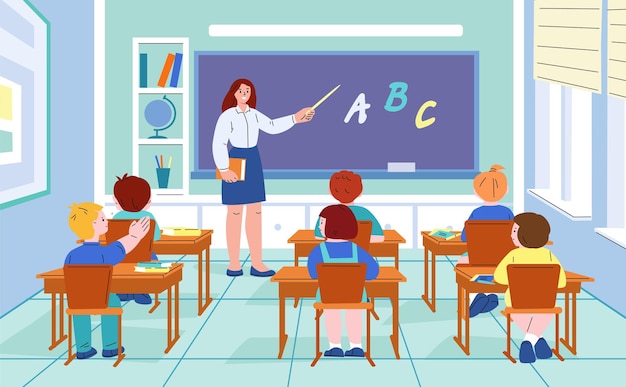Kinder im Unterricht Schüler diskieren die Hausaufgaben, diskutieren die Gruppe im Klassenzimmer mit dem Lehrer Lustige Klassenstudenten an den Schreibtischen lernen kicky Bildung Vektorkonzept Illustration von Studium und Bildung