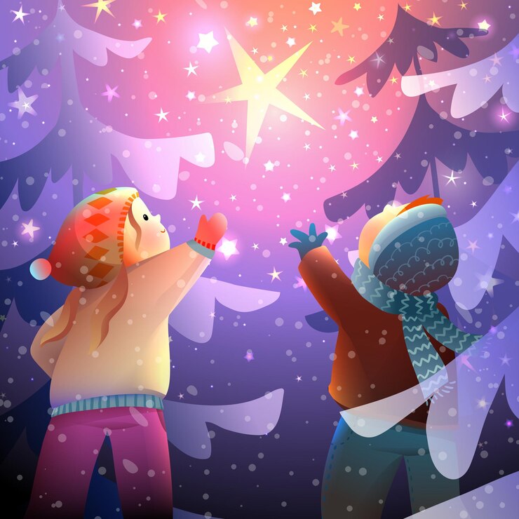 Vektor kinder im winterwald, die nachts sterne beobachten