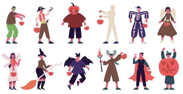 Kinder in Halloween-Kostümen Jungen und Mädchen, die gruselige Outfits tragen Vampir-Engelskelett-Vektor-Set