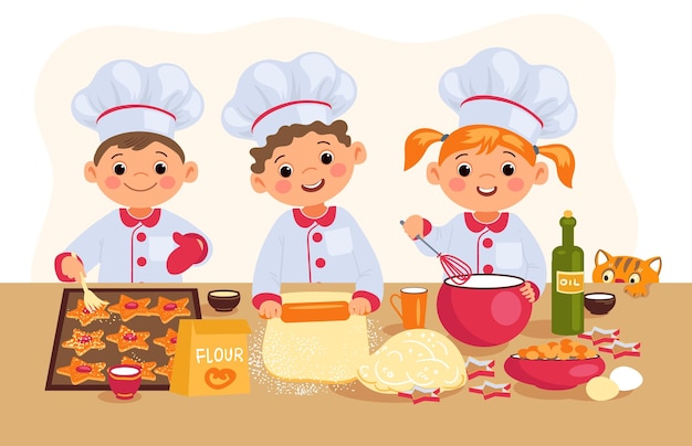 Kinder kochen Kleine Kochfiguren Gemeinsamer Prozess der Essenszubereitung Jungen und Mädchen bereiten Kekse zu Kekse machen Kinder in Mützen backen Lebkuchen und rollen Teig aus Vektorkonzept