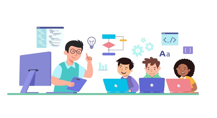 Vektor kinder lernen codierung mit männlicher lehrervektorillustration