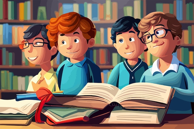 Kinder lesen in der Bibliothek Vektorillustration Kinder lernen im Atheneum kluge kleine Jungen mit Brille