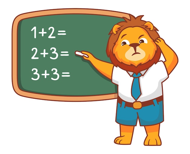 Kinder, Löwen, Denken, Ideen und Tafel Ein Schüler löst ein Mathematikproblem an der Tafel