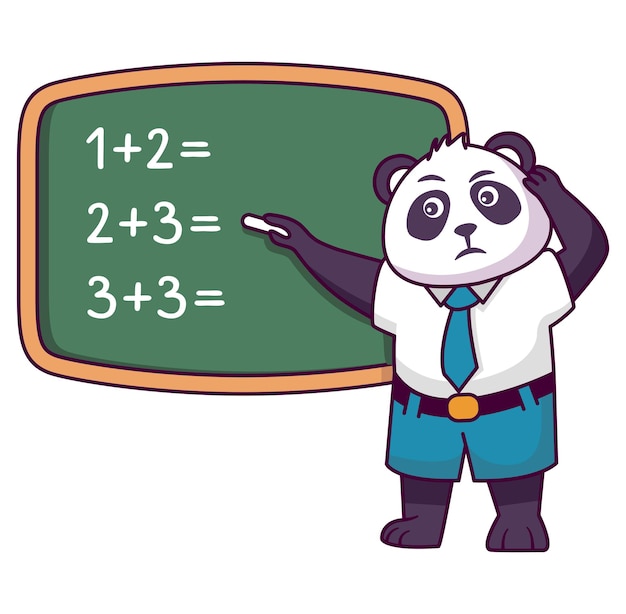 Kinder Panda-Bären denken Idee und Tafel Ein Schüler löst ein Mathematikproblem an der Tafel