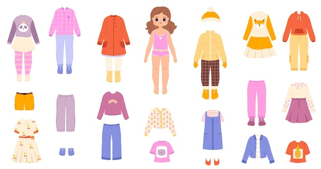 Kinder-Papierpuppe mit Kleid, geschnittenes Baby-Mädchen-Cartoon-Kleidung, Kleidung für kleine Babys, Sommer- und Winterkleidung für Kinder, kindliches, gemütliches Spiel, Vektorclipart