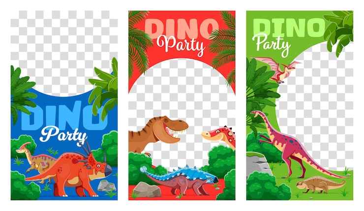 Vektor kinder-party-sozial-media-vorlagen für lustige dinosaurier
