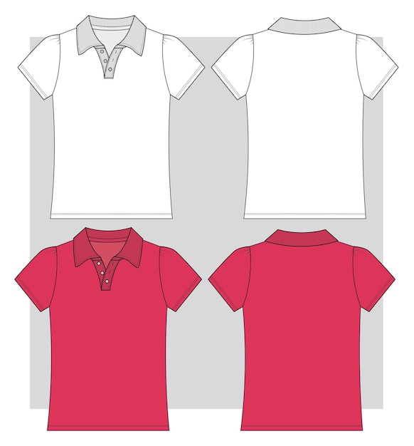 Vektor kinder-polo-t-shirt für mädchen flache skizze vorne und hinten