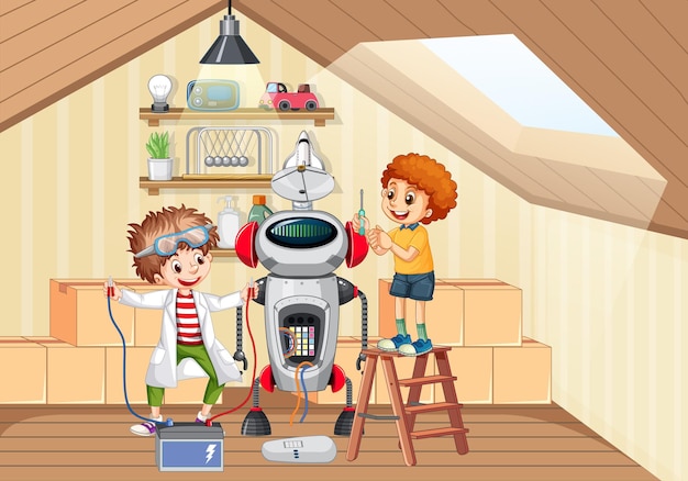 Kinder reparieren gemeinsam einen Roboter in der Raumszene