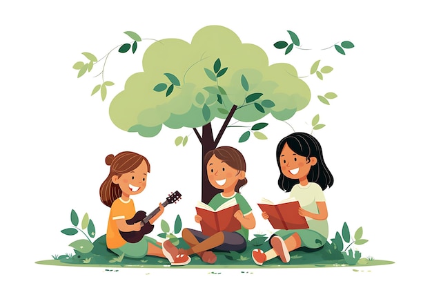 Kinder singen und spielen Musik unter einem Baum