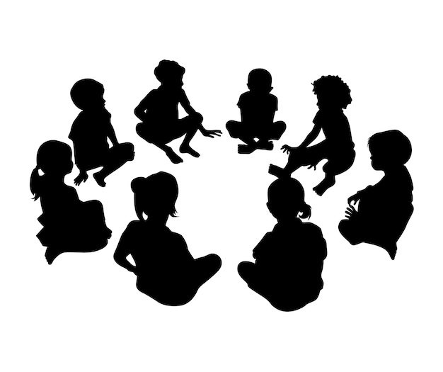 Kinder sitzen im Kreis, spielen und reden zusammen. Kinder im Kreis. Freundschaftssilhouette.