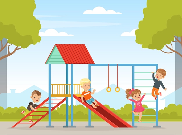 Kinder spielen auf einem Spielplatz im Stadtpark mit einer Vektorillustration von Rutschen und Leitern