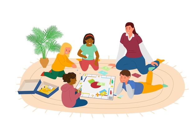 Kinder spielen Brettspiel auf dem Boden im Kindergarten
