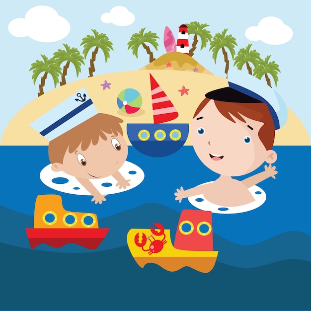 Kinder spielen im meer cartoon illustration