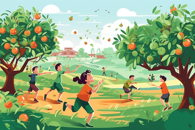 Kinder spielen im Obstgarten-Stil