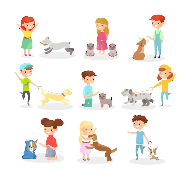 Kinder spielen mit Hunden. Glückliche Jungen und Mädchen spielen mit Hund, Haustiere