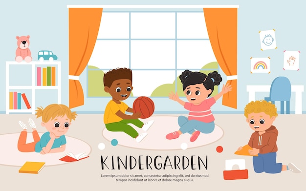 Vektor kinder spielen spielzeug und spiele und lesen gemeinsam bücher im kindergarten. cartoon-spielzimmer mit gemischtrassigen kindern