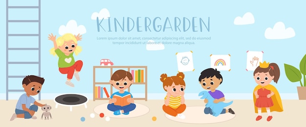 Vektor kinder spielen spielzeug und spiele und lesen gemeinsam bücher im kindergarten. cartoon-spielzimmer mit gemischtrassigen kindern