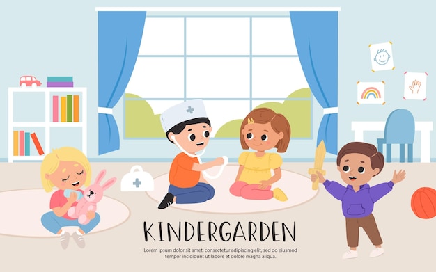 Kinder spielen spielzeug und spiele zusammen im kindergarten cartoon-spielzimmer mit kindern